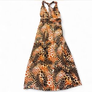 Vintage 2XL Zenobia Animal-Print Halter Maxi Dress in Orange, Black 90s y2k